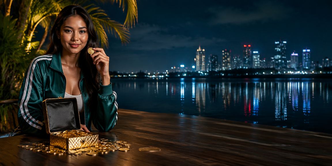 Model profesional menampilkan antarmuka taruhan olahraga live dengan gaya percaya diri