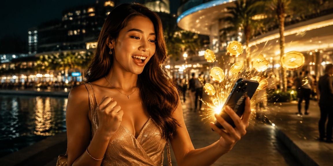 Suasana malam pasar malam dengan pemain menikmati mobile casino di genggaman