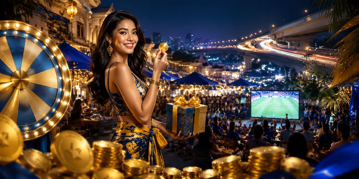 Meja roulette berputar di malam hari dengan suasana pasar malam yang ramai dan berwarna-warni